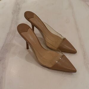 Tony Bianco Tan Pointed-Toe Clear Panel Mule Heels (7.5)